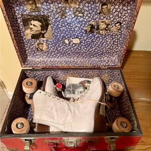 Vintage White Leather Quad Roller Skates and Metal Box
